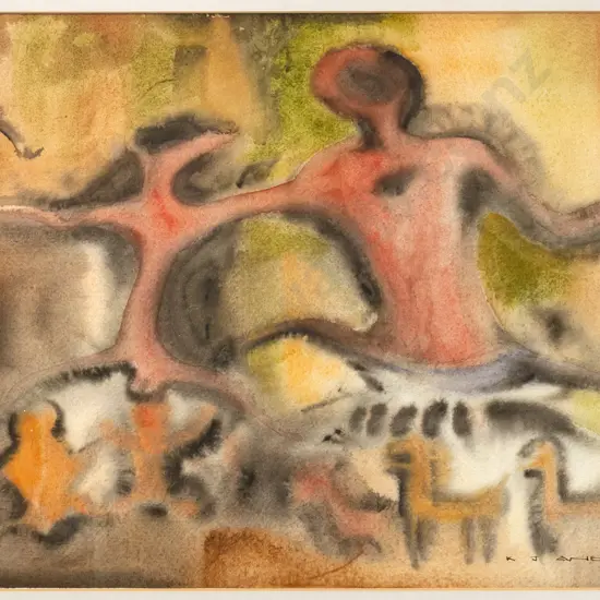 KJ Andrews - framed watercolour "Maori rock art motif" H-370 W-540