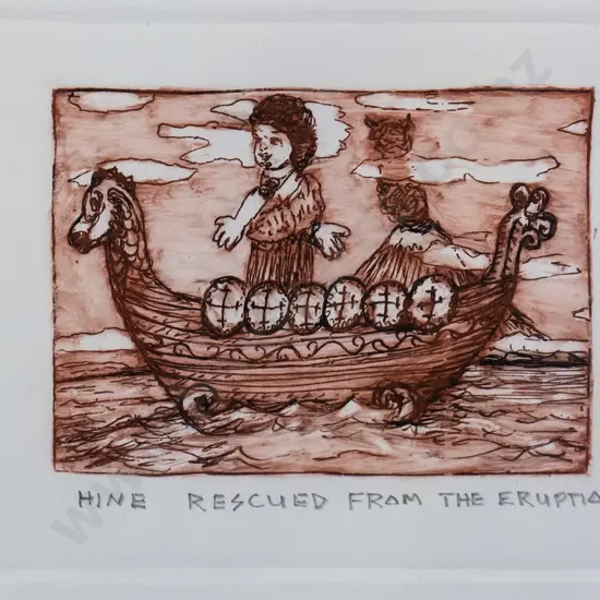 Eion Shanks 2018  - mounted etching 14/33 "Hine Rescued From The Eruption" H-115 W-150