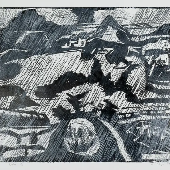 Wayne Seyb 2001 - mounted woodcut print 5/6  "Rain" H-470 W-530