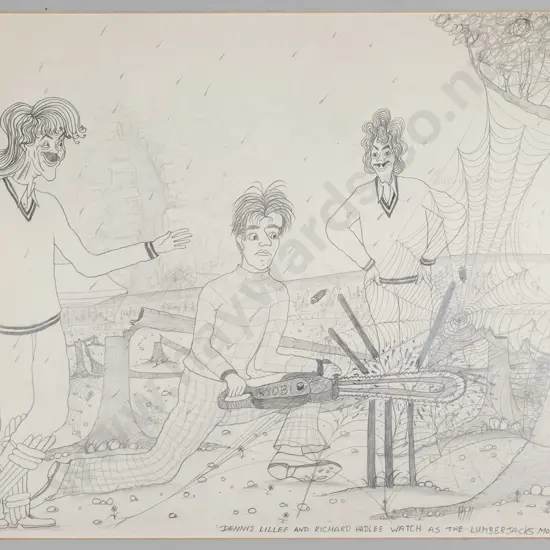 Ivan Hill - mounted pencil "Dennis Lillee and Richard Hadlee watch as the lumberjacks move in"  H-490 W-630H