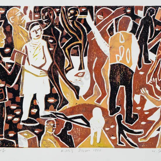 Wayne Seyb 2001 - mounted woodcut print  "KM's Dream 1920" (Katherine Mansfield" H-310 W-410