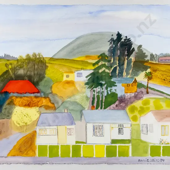 Annie Baird '89 - framed watercolour - houses and landscape H-560 W-760
