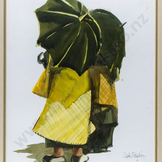 Clark Esplin - framed watercolour - people under umbrellas H-370 W-260 (slight foxing)