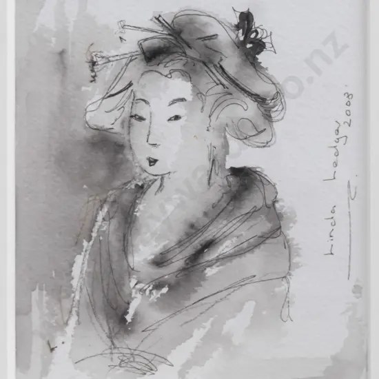 Linda Ledger 2008 - framed pen and wash "Japanese Series 3" H-130 W-120