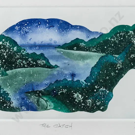 Gary Tricker '91 - framed etching 5/30 "The Catch" H-140 W-220