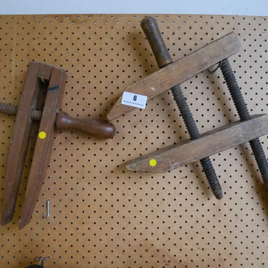 2 vintage wooden clamps - yellow dots