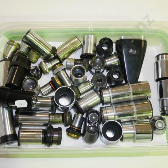 box; various telescope and microscope lenses