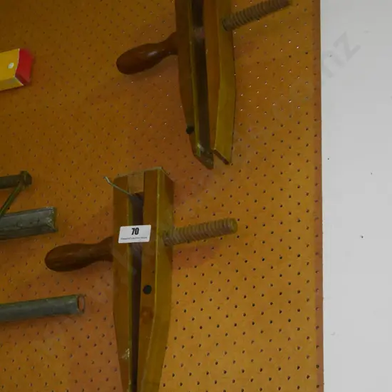 2 vintage wooden clamps - black dots