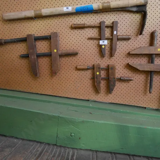 4x vintage wooden clamps - yellow dots