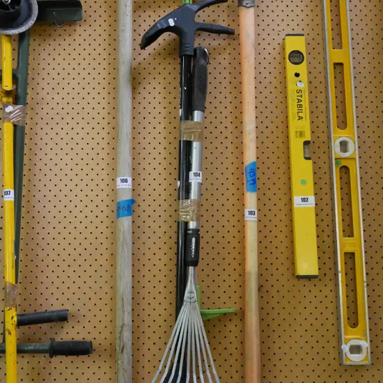 small leaf rake, soil aerator, edging shears