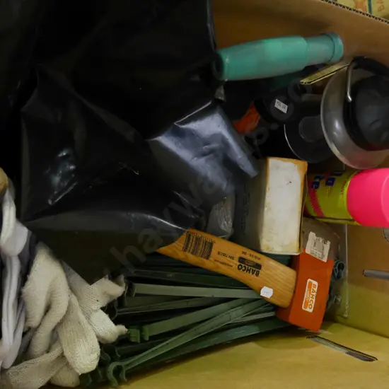 box; hatchet, gardening gloves, spray can etc