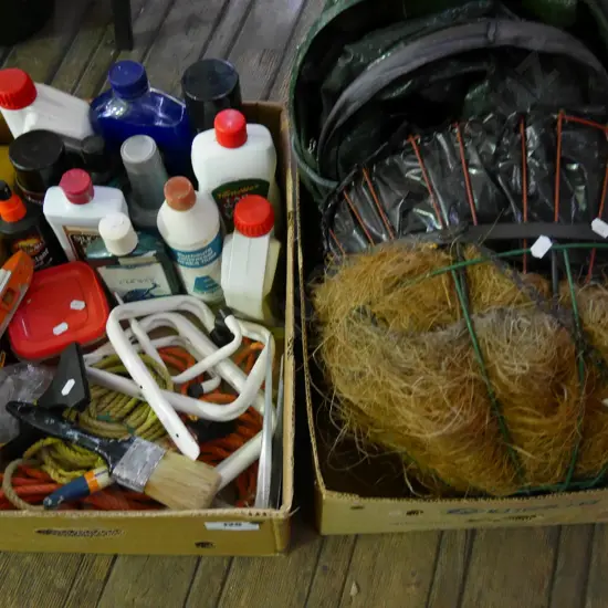 2 boxes; hanging baskets, garden waste bag, car cleaning products, ropes etc - black dots