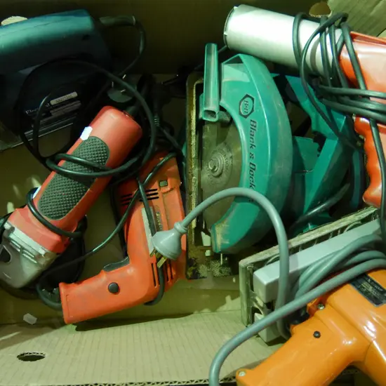 box of power tools; sander, drill, angle grinder etc