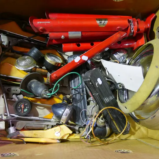 box; automotive allsorts; turning indicators, lights, axle stands etc