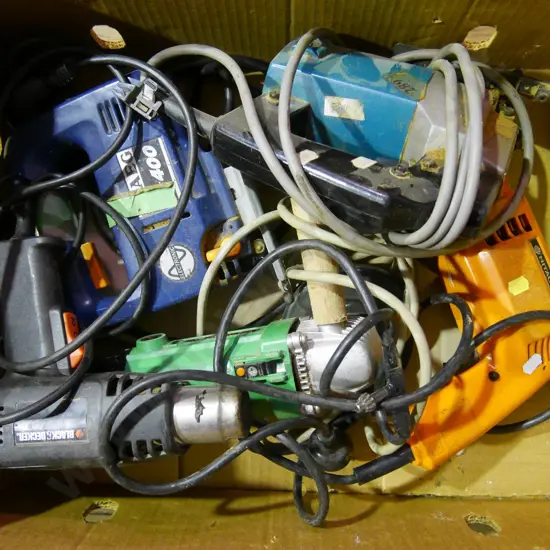 box of corded power tools; drill, jig saws, angle grinder etc