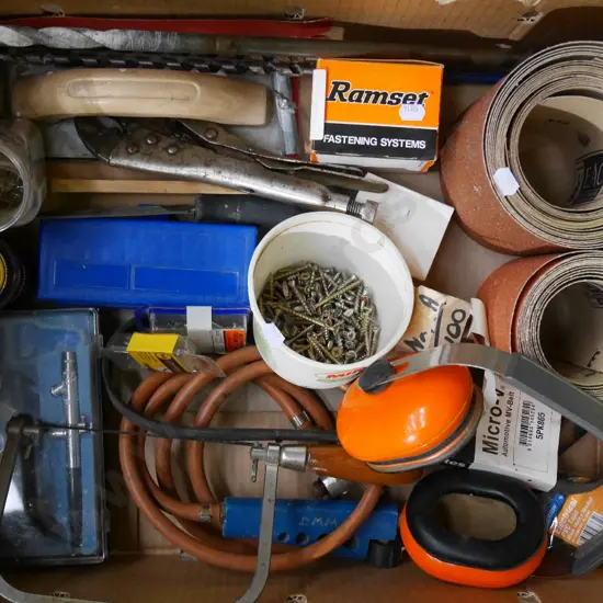 box; sandpapers, vice grips, ear muffs etc