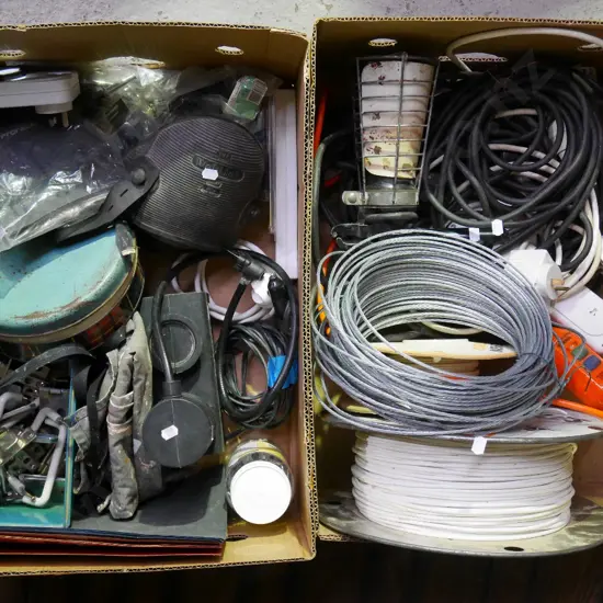 2 boxes; wire ropes, trouble lights, 12V air compressor, knee pads etc - yellow dots