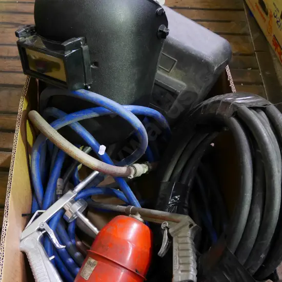 box; air hoses, welder's mask, spray gun etc