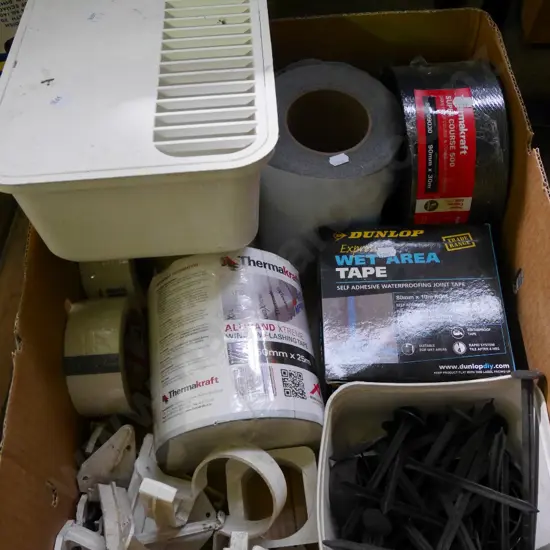 box; wet area tape, flashing tape, weed mat pegs etc