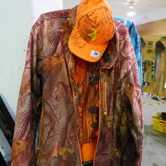camouflage jacket, vest, cap