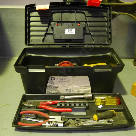 tool box and contents; egg beater drill, mallet etc