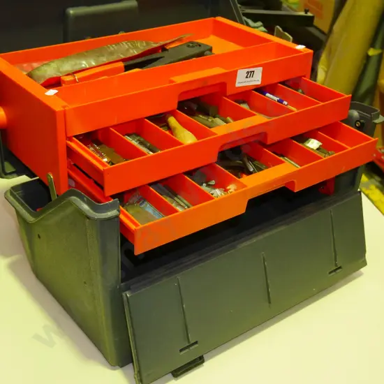 tool box and contents; ppt riveter, engineer's punches, padlocks, cold chisels etc