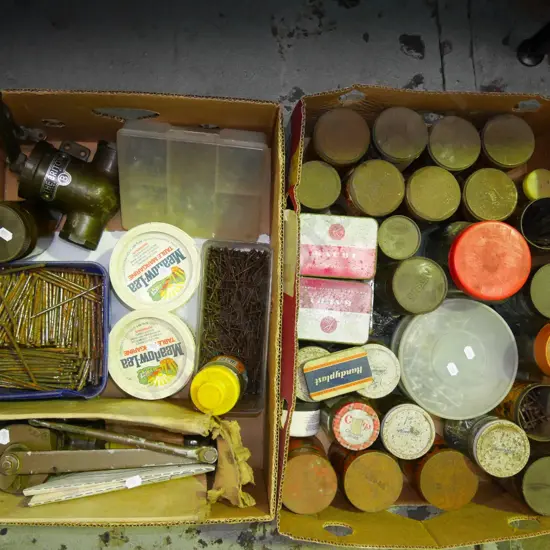 2 boxes; hydraulic door closes, nails, screws etc