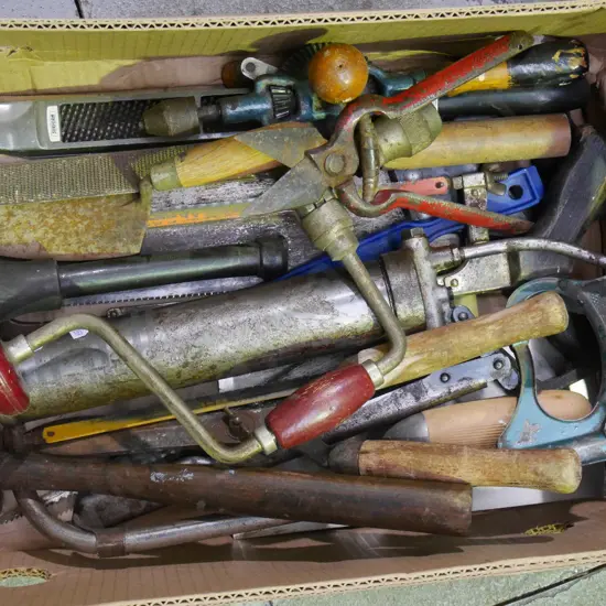 box; grease gun, ball peen hammers, rasps etc