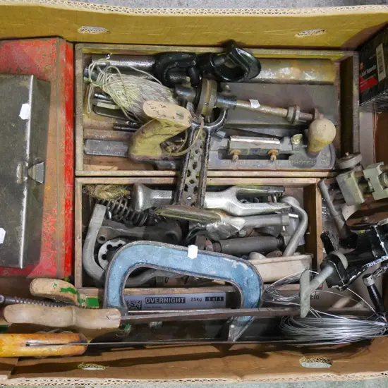 box; G clamps, saws, wire, socket sets etc