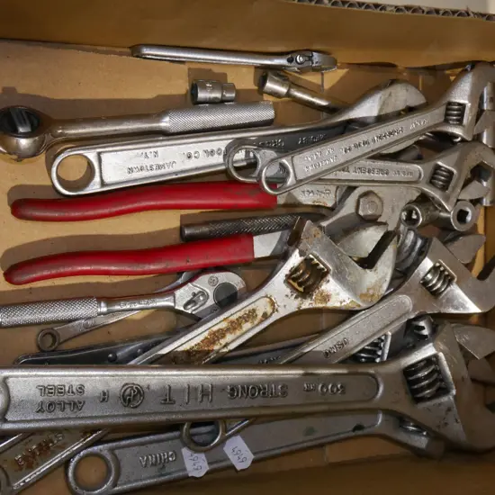 box; adjustable crescents, small socket spanners etc