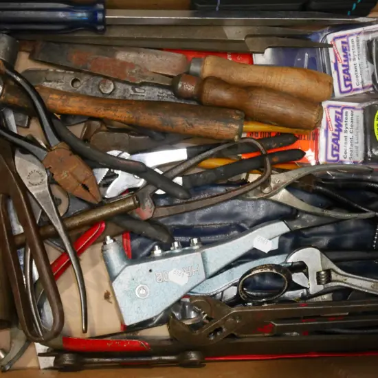 box; files, pop riveter, tin snips, ball peen hammer etc