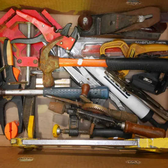 box; hand plane, framer's clamp, hammers, vice grips etc