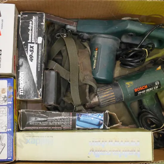 box; various  electrical items; heat gun, satchel etc