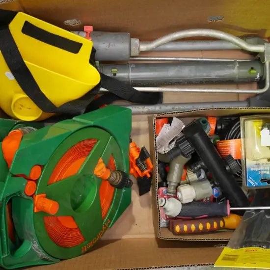 box; garden hoses, sprinklers, connectors etc