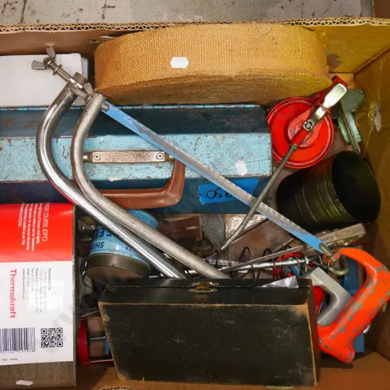 box; hack saws, oiler, caulking guns etc