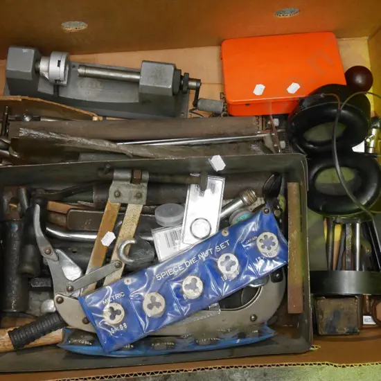 box; Peltor ear muffs, tap and die sets, torque wrench etc