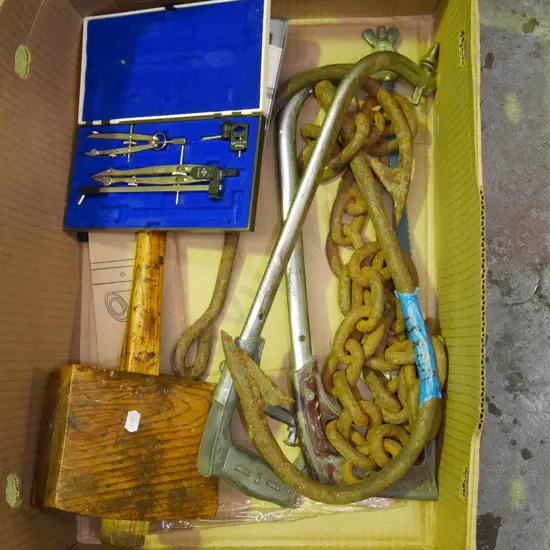 box; large fishing hook, ball peen hammer, drawing set etc