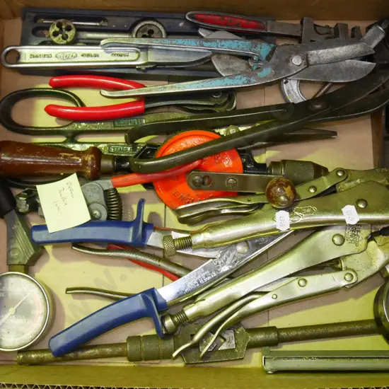 box; tin snips, vice grips, hand plane etc