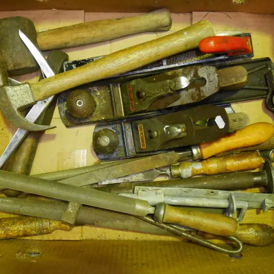 box; hand planes, hammers, rasp etc