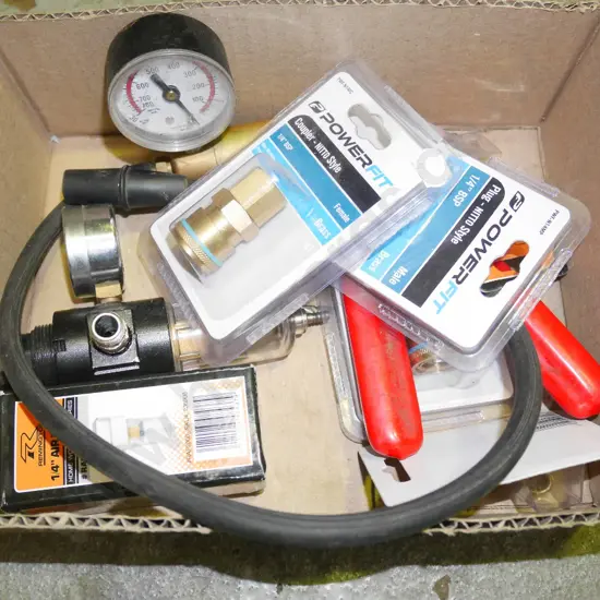 box; air hose couplers, gauges etc