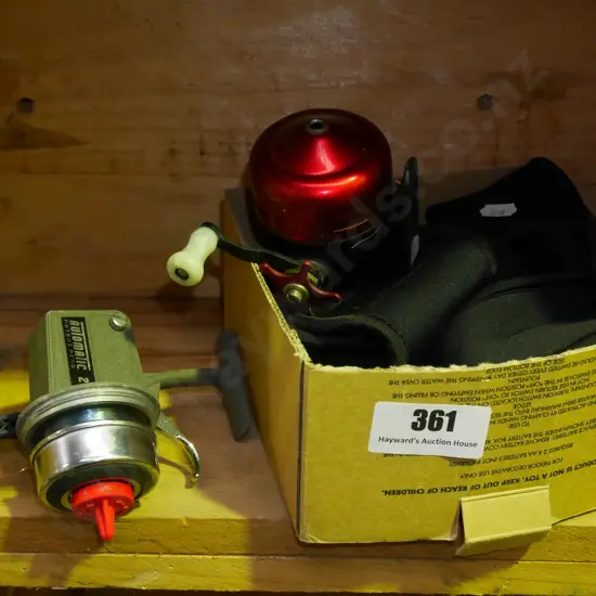 fishing reel cases and 2 vintage reels