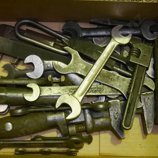 box; plumbers wrench, spanners etc