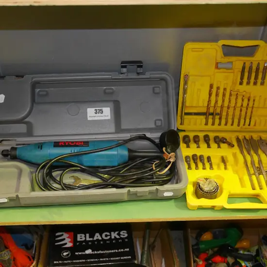 cased Ryobi dremel tool, cased drill bits