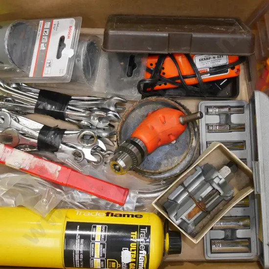 box; gas bottle, spanners, socket set etc