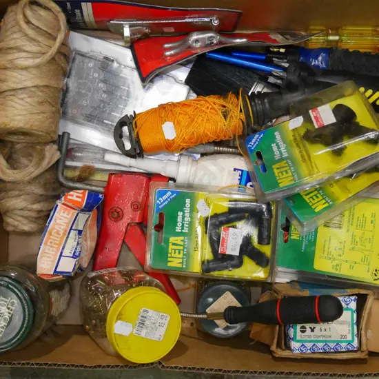 box; screws, irrigation fittings, screwdrivers etc