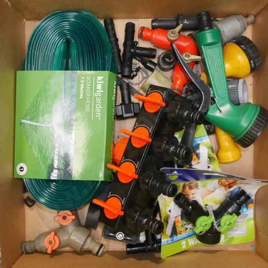 box; garden hose attachments, soaker hose etc