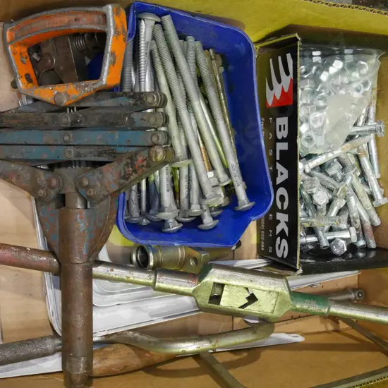 box; shelf brackets, nuts, bolts etc