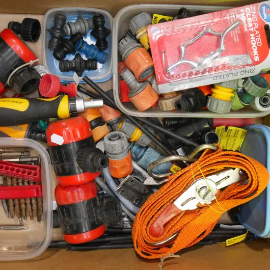 box; hose attachments, cleat hooks etc