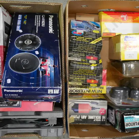 2 boxes of automotive allsorts; spotlights, brake lights, car stereos, soldering iron etc -yellow dots