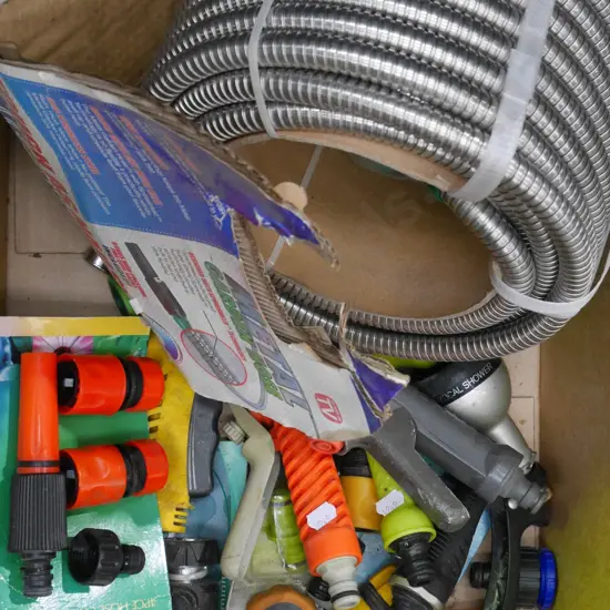 box; metal garden hose, hose fittings